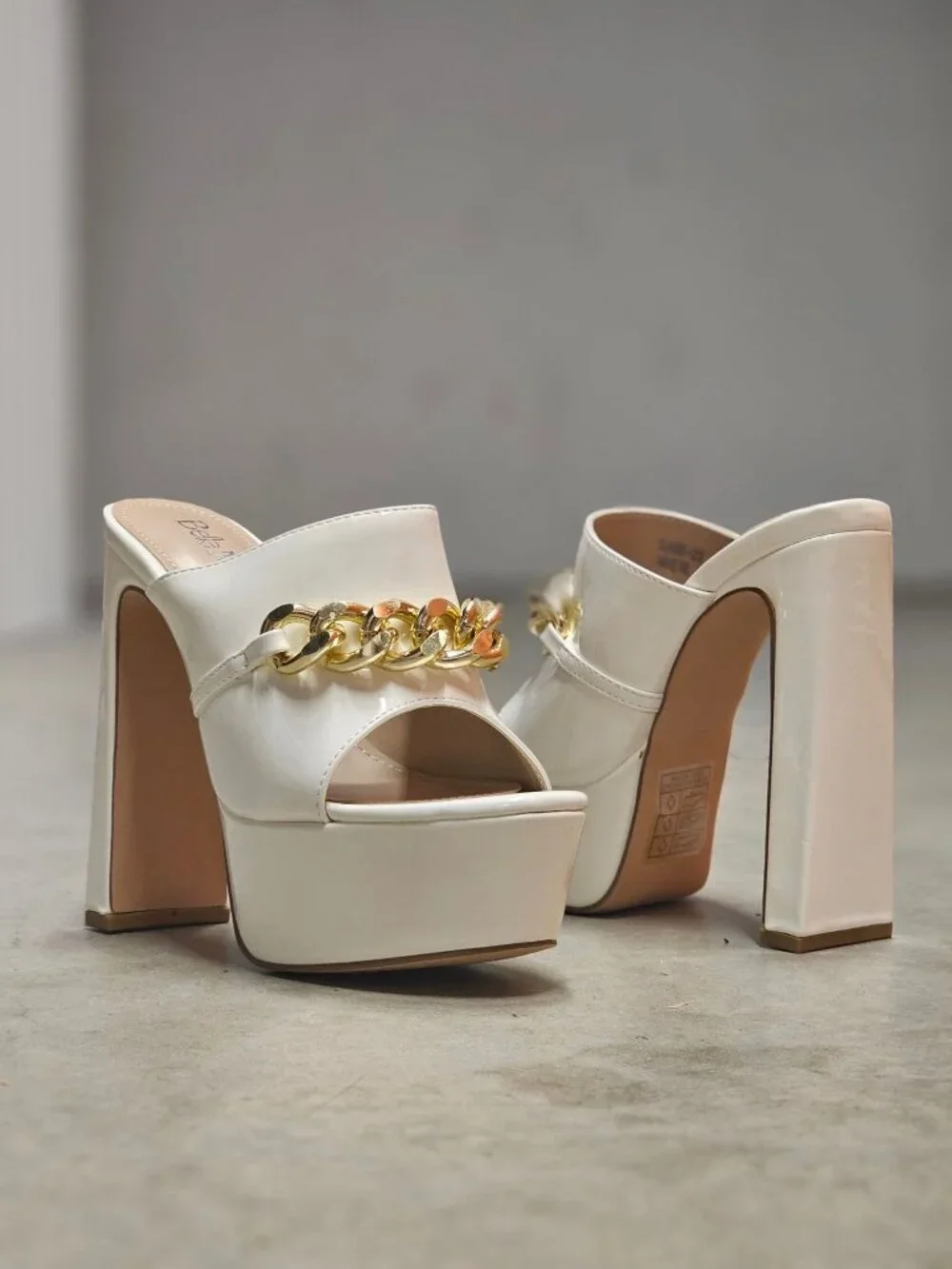 White Platform Heels With Gold Chain Detail Open Toe Patent Finish & Chunky Bloc